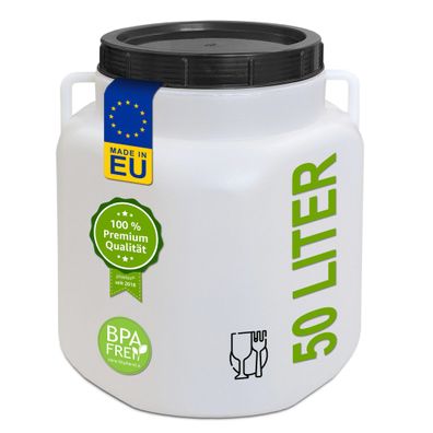 plasteo® 50 Liter Weithalsfass mit Deckel und Griffen Eckig Natur Lebensmittelecht