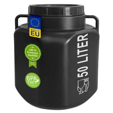 plasteo® 50 Liter Weithalsfass mit Deckel und Griffen Eckig Schwarz, Lebensmittelecht