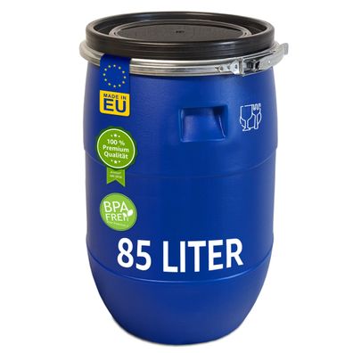 plasteo® 85 Liter Weithalsfass mit Deckel und Spannring, Lebensmittelecht BPA-Frei
