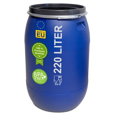 plasteo® 220 Liter Weithalsfass mit Deckel und Spannring, Lebensmittelecht und BPA
