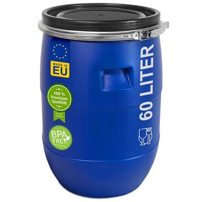plasteo® 60 Liter Weithalsfass mit Deckel und Spannring, Lebensmittelecht BPA-Frei