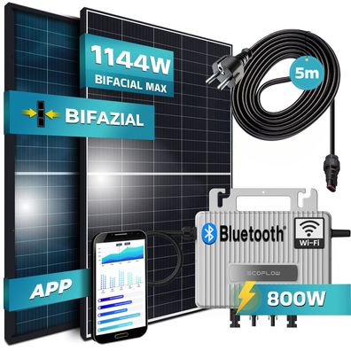 SUNNIVA® Balkonkraftwerk Black Bifazial 1144W/800W mit Ecoflow S Wechselrichter