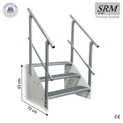 3 Stufen Treppe Breite 60 - 160 cm Standtreppe Höhe 63 cm weiß 2x Geländer