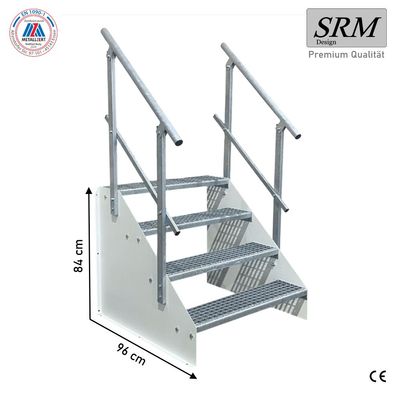 4 Stufen Treppe Breite 60 - 160 cm Standtreppe Höhe 84 cm weiß 2x Geländer