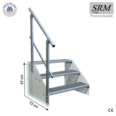 3 Stufen Treppe Breite 60 - 160 cm Standtreppe Höhe 63 cm weiß 1x Geländer