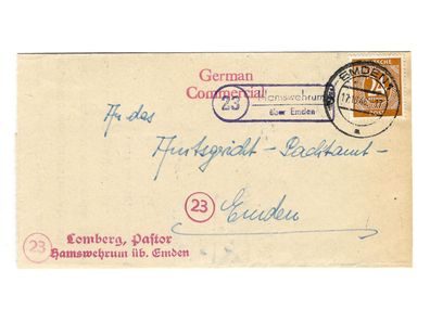 Landpoststempel Hamswehrum über Emden auf Beleg vom 17.10.46