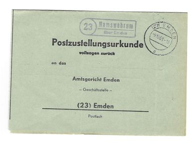 Landpoststempel Hamswehrum über Emden auf Postzustellungsurkunde vom 09.10.61