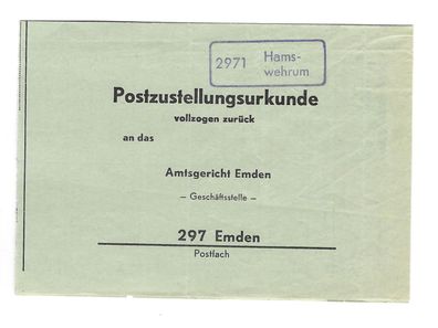 Landpoststempel 2971 Hamswehrum-Emden auf Postzustellungsurkunde vom 20.07.63