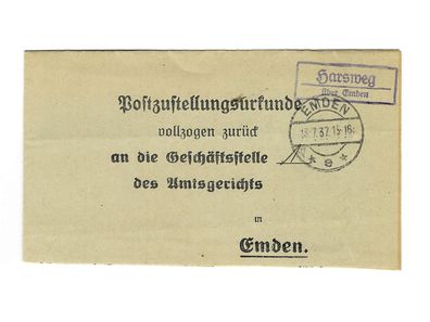 Landpoststempel Harsweg über Emden auf Postzustellungsurkunde vom 13.07.37