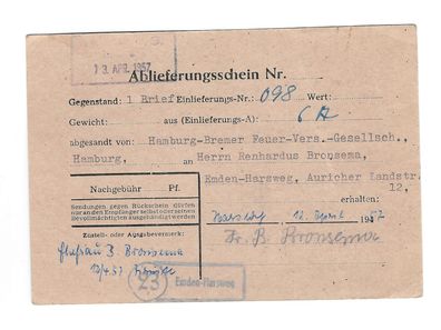 Landpoststempel Emden-Harsweg auf Rückschein vom 11.04.57