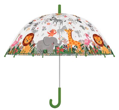 Kinder Regenschirm Transparent mit Dschungel Motiven und grünem Griff
