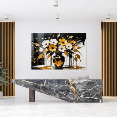 Abstrakte Goldene Blumenvase Kunst Bild, Wandbild Poster, Leinwand oder Acrylglas 06a