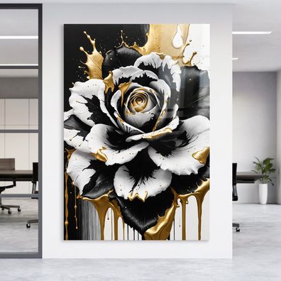 Abstrakte Rosenblüte mit Gold Kunst Bild, Wandbild Poster, Leinwand oder Acrylglas