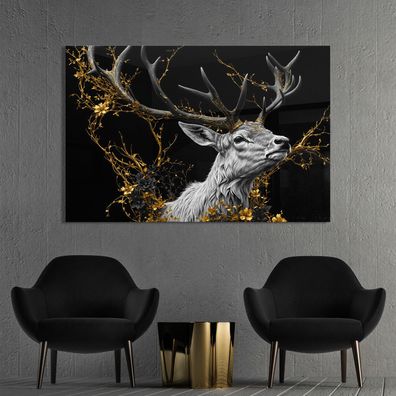 Hirsch mit Hörnern in gold, Wandbild Tier in Leinwand, Acrylglas oder Poster
