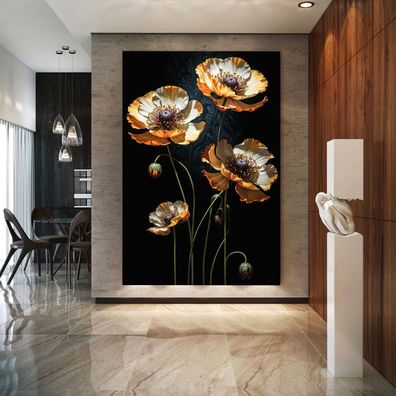 Goldene Schöne Blumen Kunst Bild, Wandbild Deko Leinwand, Acrylglas oder Poster