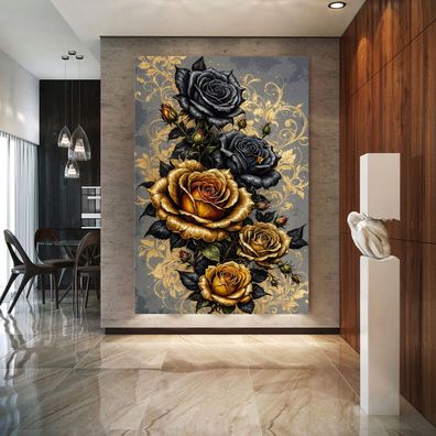 Goldene Schöne Blumen Kunst Bild, Wandbild Deko Leinwand, Acrylglas, Poster