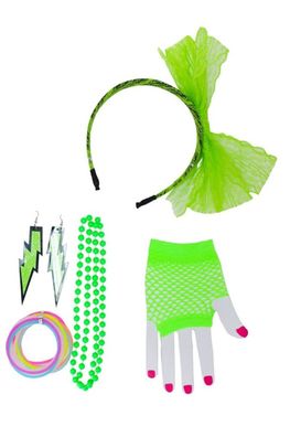 80er Set 5tlg neon Ohrringe Ketten Handschuhe Bad Taste Karneval Fasching