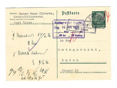 Landpoststempel Hinte über Emden auf Ganzsache vom 09.06.36