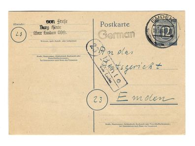 Landpoststempel Hinte über Emden auf Ganzsache vom 09.10.46