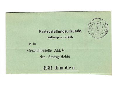 Landpoststempel Hinte-Emden auf Postzustellungsurkunde vom 08.08.53