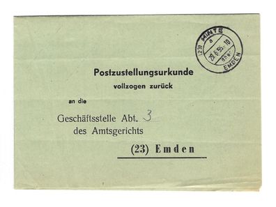 Landpoststempel Hinte-Emden auf Postzustellungsurkunde vom 29.06.55