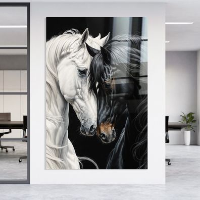Zwei Pferde, schwarz und weiß Tiere Kunst Bild, Wandbild Leinwand, Acrylglas, Poster