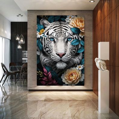 Weißer Tiger und Blumen Kunst Bild, Wandbild Deko Leinwand, Acrylglas oder Poster