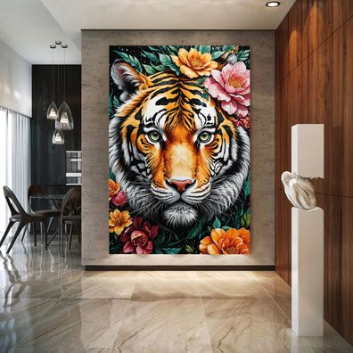 Tiger und Blumen Kunst Bild, Wandbild Deko Leinwand, Acrylglas oder Poster