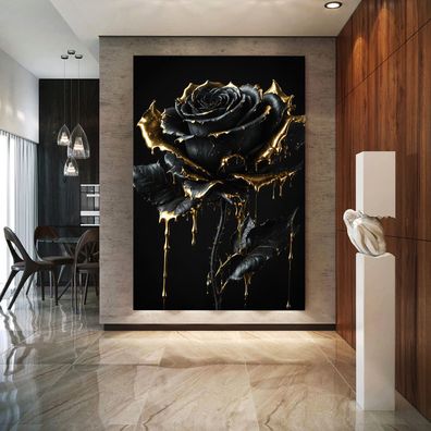Rose in Schwarz und Gold, Luxus Kunst Bild, Wandbild Leinwand, Acrylglas oder Poster