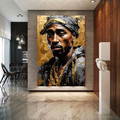 Tupac Shakur Rapper Musiker Kunst Gold, Wandbild Leinwand, Acrylglas oder Poster
