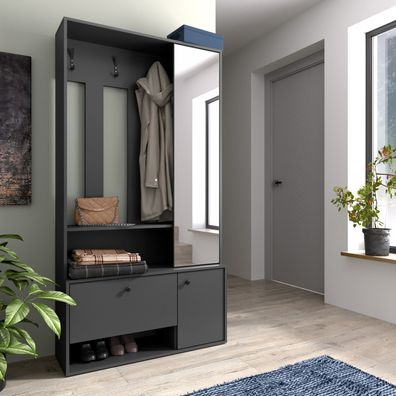 AX LIVING Schuhschrank mit Garderobe Tokessa - 100cm Breite mit Spiegel, Graphit