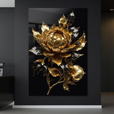 Abstrakte Blume in Gold Kunst Bild, Luxus Wandbild Leinwand, Acrylglas oder Poster