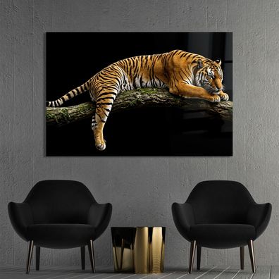 Tiger auf einem Ast, Tier Kunst Bild, Luxus Wandbild Leinwand, Acrylglas oder Poster
