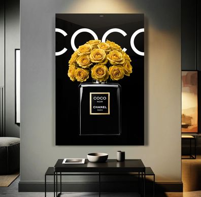 Luxusparfum COCO und Blumen Kunst Bild, Wandbild Leinwand, Acrylglas, Poster