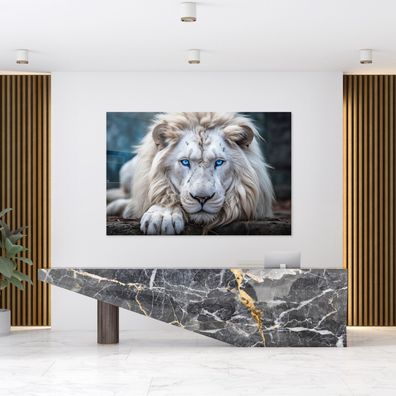 Weißer Löwe mit blauen Augen, Tier Wandbild Leinwand, Acrylglas, Poster Kunst Bild