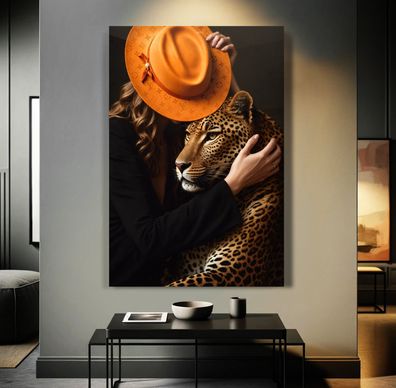 Mode Luxusmarke Frau und Leopard Tier, Wandbild Leinwand, Acrylglas oder Poster Kunst