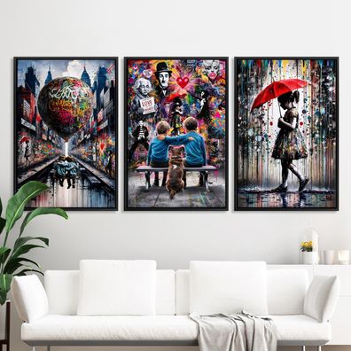 3er Set Wandbilder Banksy Kinder Kunst, Regenschirm, Ballon, Freund, Leinwand Bild