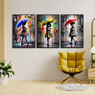 3er Set Wandbilder Pop Art Banksy Kind - Mädchen mit Regenschirm, Leinwand Kunst