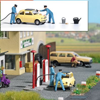 Busch H0 7820 Action Set: Volltanken mit Figuren & PKW Szenenset Diorama 1:87