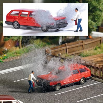 Busch H0 7881 Action Set: Motorbrand mit Figur & PKW Szenenset Diorama 1:87