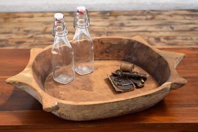 Schale Baumscheibe Groß Teak Holz Obst Brot Teller Antik geschnitzt Alt Shabby Natur