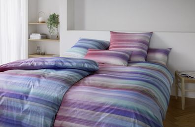 Elegante Mako-Batist Bettwäsche 155x220 Swoosh Streifen blau pink grün 24518-11