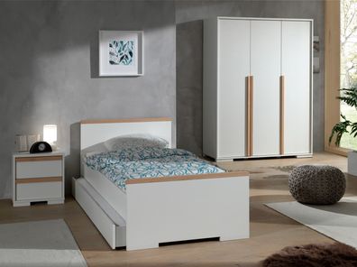 Set London Einzelbett mit Bettschublade Nachtkonsole und Kleiderschrank Buche