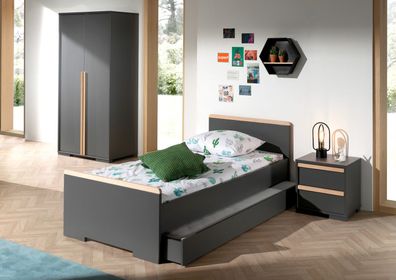 Set London Einzelbett mit Bettschublade Nachtkonsole und Kleiderschrank Buche