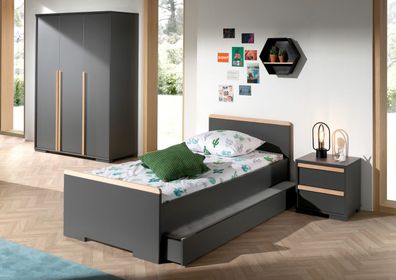 Set London Einzelbett mit Bettschublade Nachtkonsole und Kleiderschrank Buche