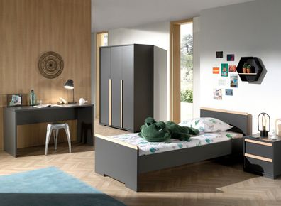 London Set 4-tlg Einzelbett Nachtkonsole Kleiderschrank Schreibtisch Anthrazit