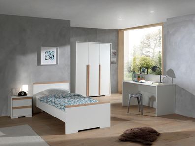 London Set 4-tlg Einzelbett Nachtkonsole Kleiderschrank Schreibtisch Buche Weiß