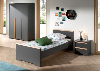 London Set 3-tlg Einzelbett Nachtkonsole Kleiderschrank Buche Anthrazit