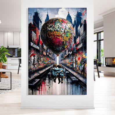 Wandbild, Banksy Kinder mit Ballon, Pop Art Kunst, Leinwand, Acrylglas, Poster r3