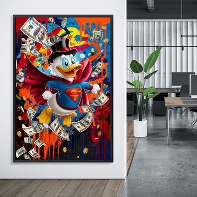 Wandbild, Superman Dagobert Duck Geld, Pop Art Kunst Leinwand, Acrylglas, Poster